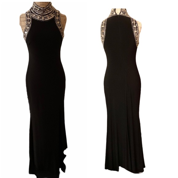 Aqua Black Mock Neck Beaded Sleeveless Gown Size 6 - Picture 13 of 16